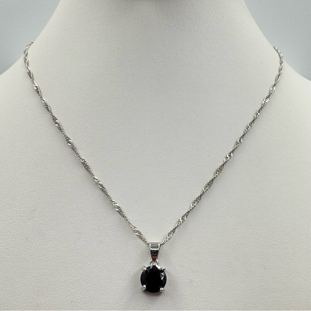 Onyx Black CZ Solitaire Pendant Necklace Silver Plated Rope Chain